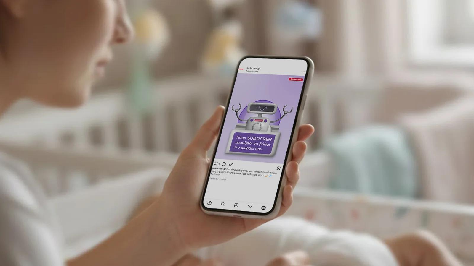 Sudocrem Instagram post with a robot mascot, seen on a phone